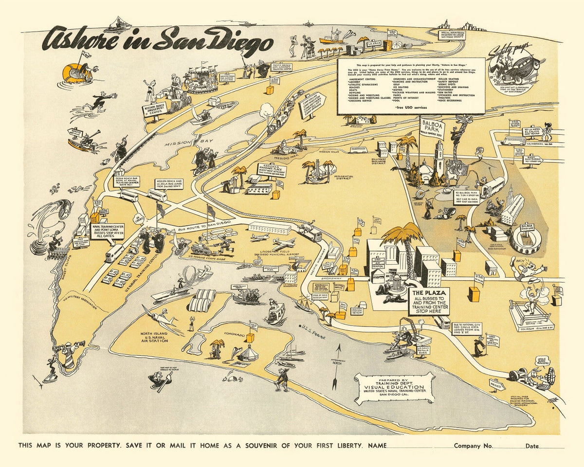 Vintage Map of San Diego, California 1943