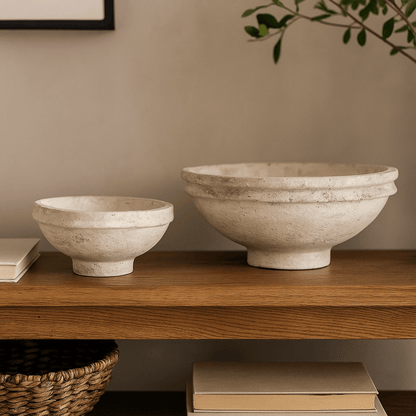 Set of 2 Found Decorative Paper Mâché Bowls – Aged White Finish